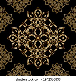 Seamless pattern decorated with precious stones, gold chains and pearls.