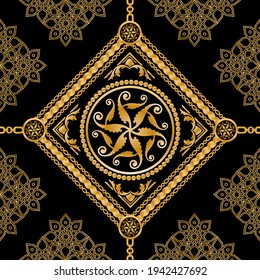 Seamless pattern decorated with precious stones, gold chains and pearls.