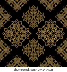 Seamless pattern decorated with precious stones, gold chains and pearls.