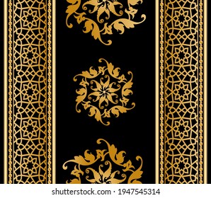 Seamless pattern decorated with precious stones, gold chains and pearls.