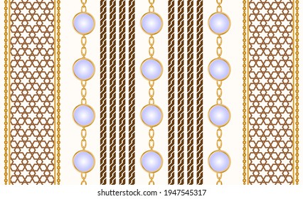 Seamless pattern decorated with precious stones, gold chains and pearls.