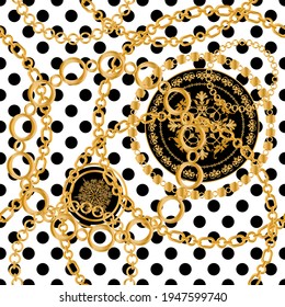 Seamless pattern decorated with precious stones, gold chains and pearls.