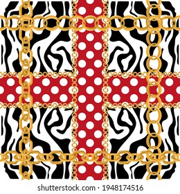 Seamless pattern decorated with precious stones, gold chains and pearls.