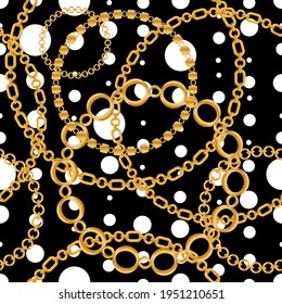 Seamless pattern decorated with precious stones, gold chains and pearls.