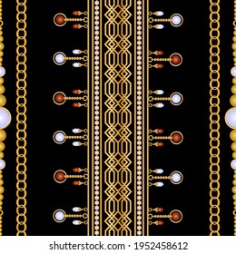 Seamless pattern decorated with precious stones, gold chains and pearls.