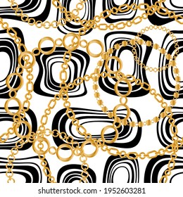 Seamless pattern decorated with precious stones, gold chains and pearls.