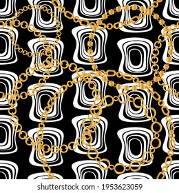 Seamless pattern decorated with precious stones, gold chains and pearls.