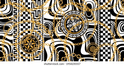 Seamless pattern decorated with precious stones, gold chains and pearls.