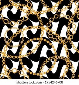 Seamless pattern decorated with precious stones, gold chains and pearls.