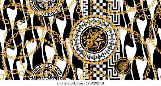 Seamless pattern decorated with precious stones, gold chains and pearls.
