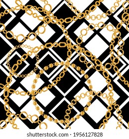 Seamless pattern decorated with precious stones, gold chains and pearls.