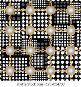 Seamless pattern decorated with precious stones, gold chains and pearls.