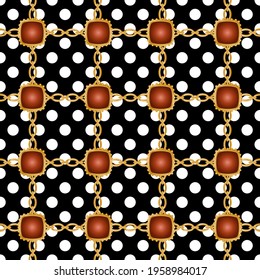 Seamless pattern decorated with precious stones, gold chains and pearls.