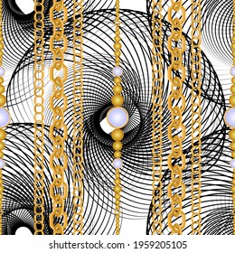 Seamless pattern decorated with precious stones, gold chains and pearls.
