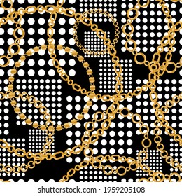 Seamless pattern decorated with precious stones, gold chains and pearls.