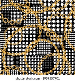 Seamless pattern decorated with precious stones, gold chains and pearls.