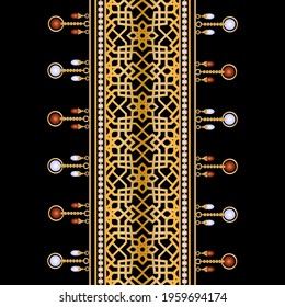 Seamless pattern decorated with precious stones, gold chains and pearls.