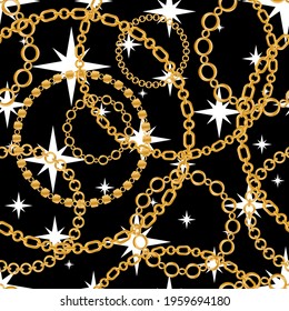 Seamless pattern decorated with precious stones, gold chains and pearls.
