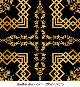 Seamless pattern decorated with precious stones, gold chains and pearls.