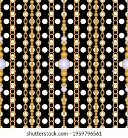 Seamless pattern decorated with precious stones, gold chains and pearls.