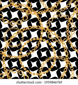 Seamless pattern decorated with precious stones, gold chains and pearls.