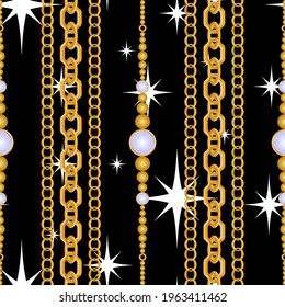 Seamless pattern decorated with precious stones, gold chains and pearls.