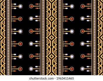 Seamless pattern decorated with precious stones, gold chains and pearls.