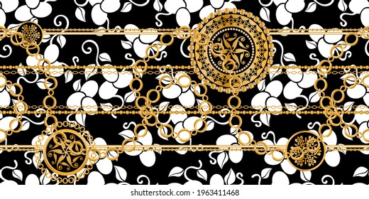 Seamless pattern decorated with precious stones, gold chains and pearls.