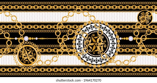 Seamless pattern decorated with precious stones, gold chains and pearls.