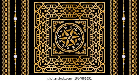Seamless pattern decorated with precious stones, gold chains and pearls.