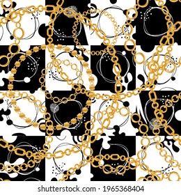 Seamless pattern decorated with precious stones, gold chains and pearls.