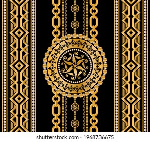 Seamless pattern decorated with precious stones, gold chains and pearls.