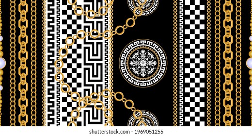 Seamless pattern decorated with precious stones, gold chains and pearls.