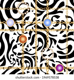 Seamless pattern decorated with precious stones, gold chains and pearls.