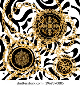 Seamless pattern decorated with precious stones, gold chains and pearls.
