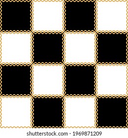 Seamless pattern decorated with precious stones, gold chains and pearls.
