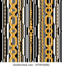 Seamless pattern decorated with precious stones, gold chains and pearls.