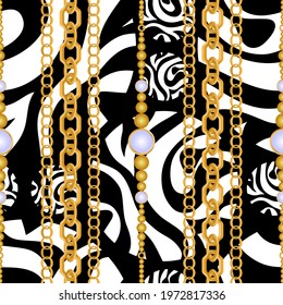 Seamless pattern decorated with precious stones, gold chains and pearls.
