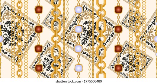 Seamless pattern decorated with precious stones, gold chains and pearls.