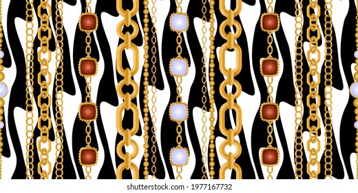 Seamless pattern decorated with precious stones, gold chains and pearls.