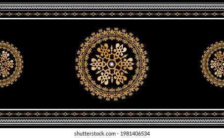 Seamless pattern decorated with precious stones, gold chains and pearls.