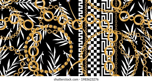 Seamless pattern decorated with precious stones, gold chains and pearls.