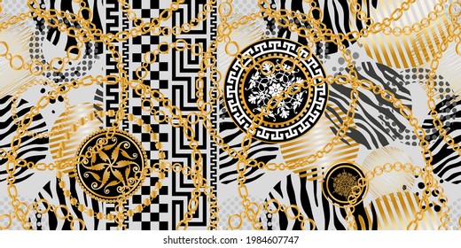 Seamless pattern decorated with precious stones, gold chains and pearls.