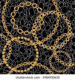 Seamless pattern decorated with precious stones, gold chains and pearls.