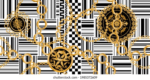 Seamless pattern decorated with precious stones, gold chains and pearls.