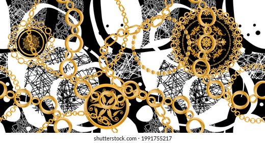 Seamless pattern decorated with precious stones, gold chains and pearls.