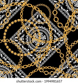 Seamless pattern decorated with precious stones, gold chains and pearls.