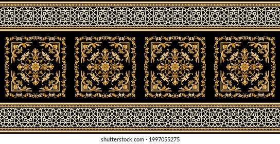 Seamless pattern decorated with precious stones, gold chains and pearls.