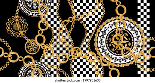 Seamless pattern decorated with precious stones, gold chains and pearls.