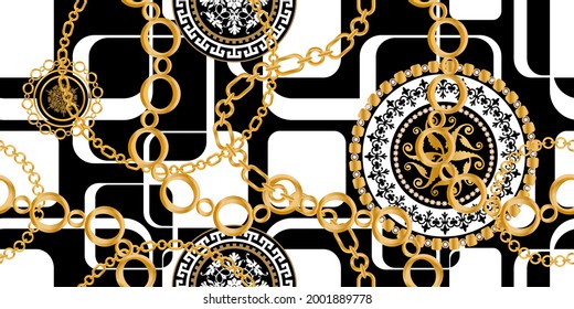 Seamless pattern decorated with precious stones, gold chains and pearls.